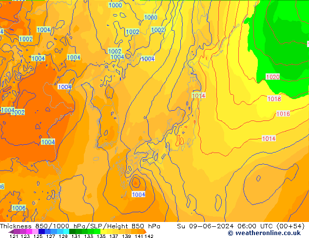 Dikte 850-1000 hPa ECMWF zo 09.06.2024 06 UTC