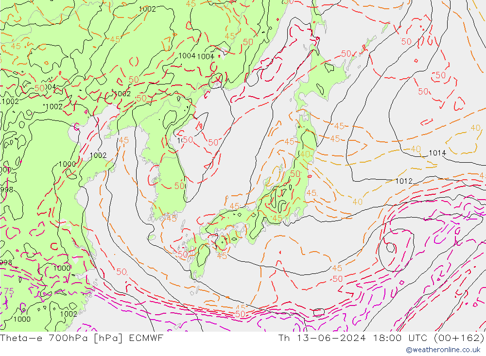 Theta-e 700hPa ECMWF jue 13.06.2024 18 UTC