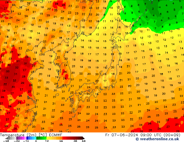 карта температуры ECMWF пт 07.06.2024 09 UTC