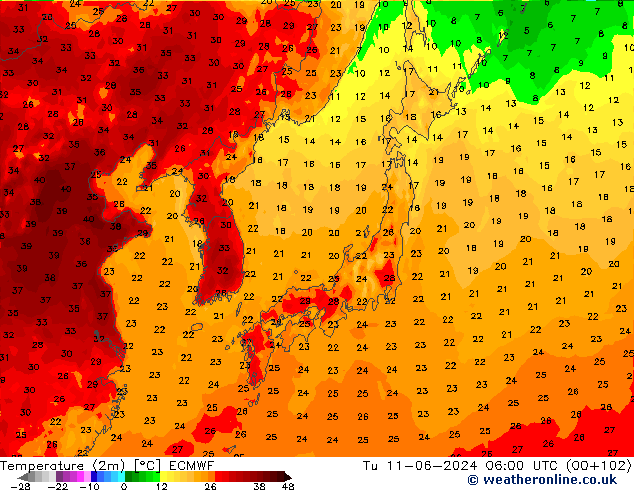 Temperaturkarte (2m) ECMWF Di 11.06.2024 06 UTC