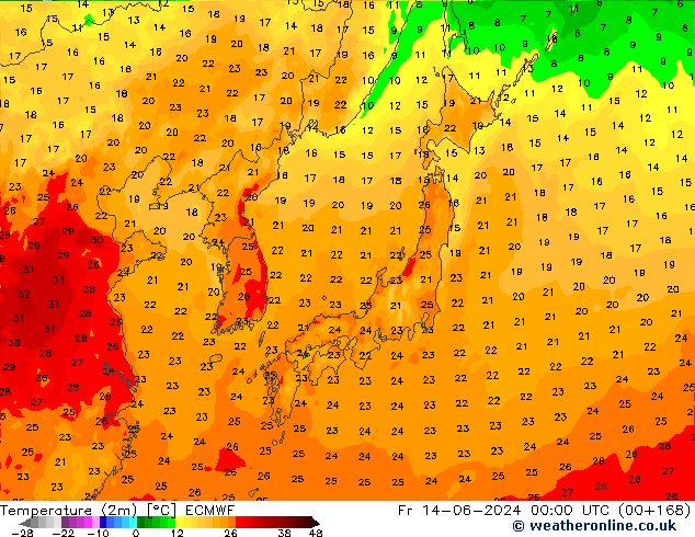 Temperature (2m) ECMWF Fr 14.06.2024 00 UTC