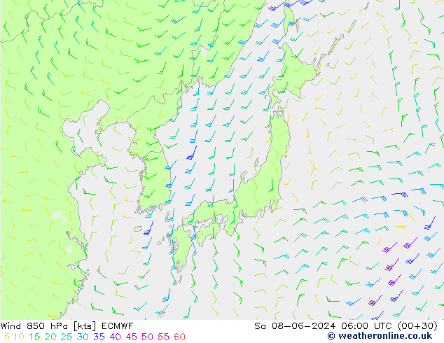 Vento 850 hPa ECMWF Sáb 08.06.2024 06 UTC