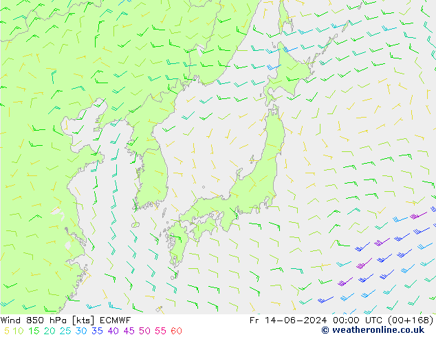 Rüzgar 850 hPa ECMWF Cu 14.06.2024 00 UTC