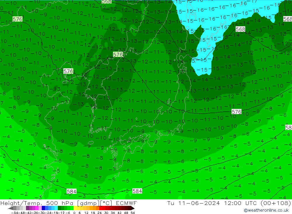 Z500/Rain (+SLP)/Z850 ECMWF wto. 11.06.2024 12 UTC