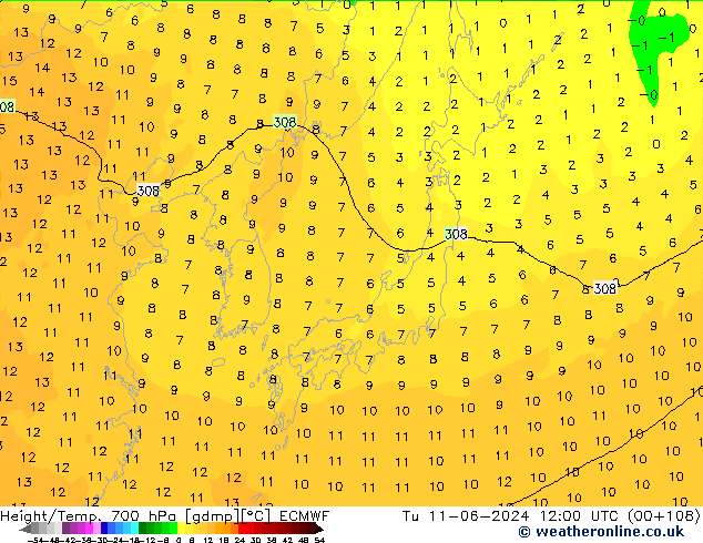 Height/Temp. 700 hPa ECMWF wto. 11.06.2024 12 UTC