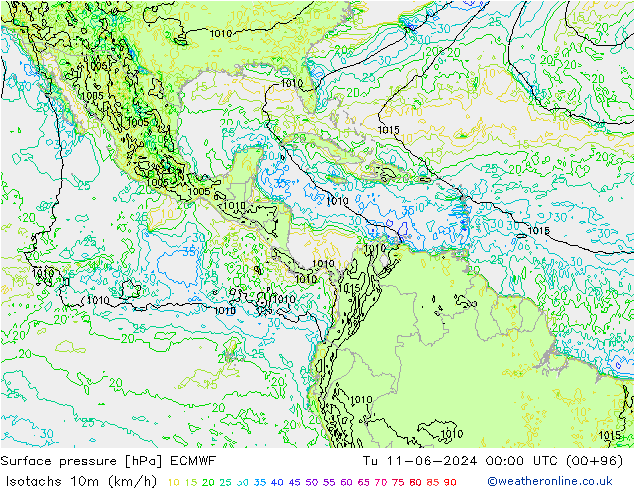 Isotachen (km/h) ECMWF di 11.06.2024 00 UTC