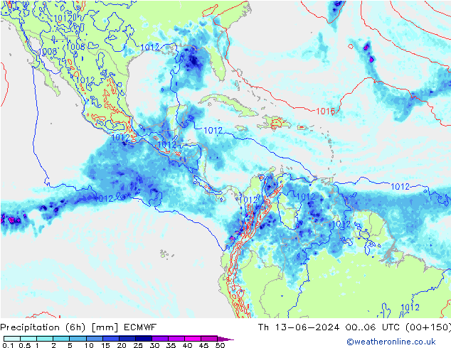 Totale neerslag (6h) ECMWF do 13.06.2024 06 UTC