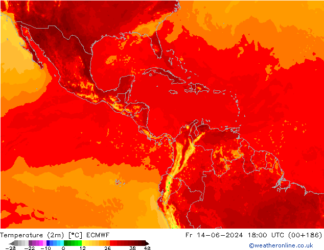 Temperatuurkaart (2m) ECMWF vr 14.06.2024 18 UTC