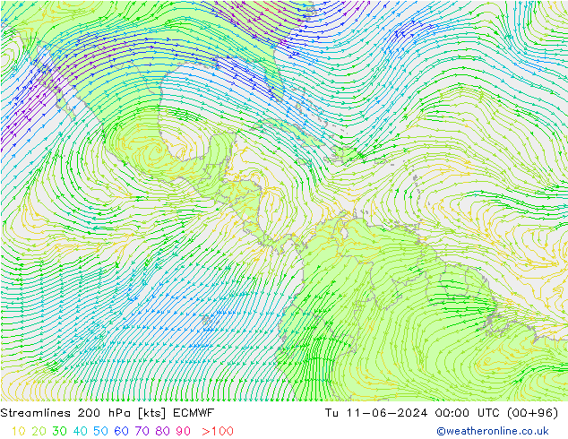 Stroomlijn 200 hPa ECMWF di 11.06.2024 00 UTC