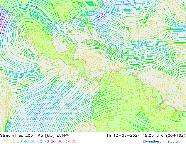 Streamlines 200 hPa ECMWF Čt 13.06.2024 18 UTC