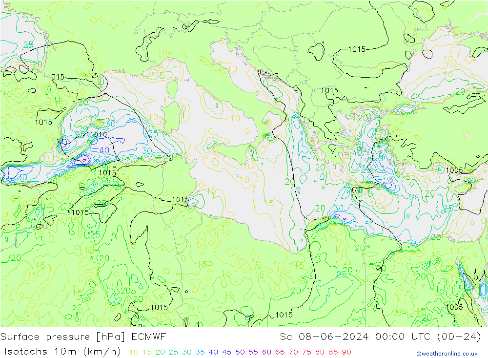 Isotachs (kph) ECMWF Sa 08.06.2024 00 UTC