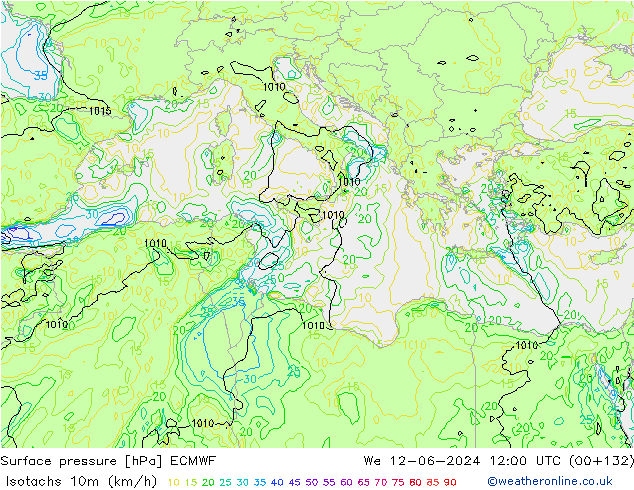 Isotachs (kph) ECMWF  12.06.2024 12 UTC