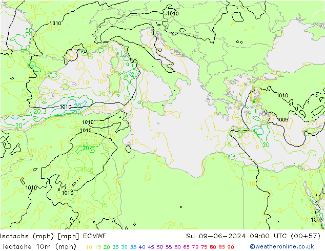 Isotachs (mph) ECMWF Dom 09.06.2024 09 UTC