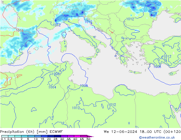 Precipitation (6h) ECMWF We 12.06.2024 00 UTC