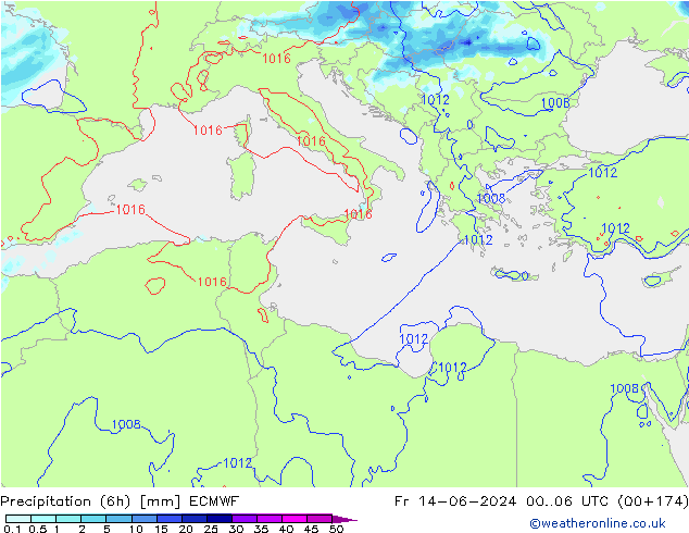 Totale neerslag (6h) ECMWF vr 14.06.2024 06 UTC