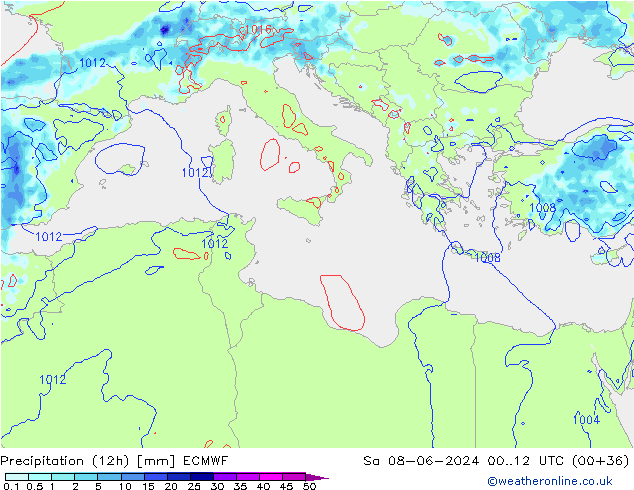 Totale neerslag (12h) ECMWF za 08.06.2024 12 UTC