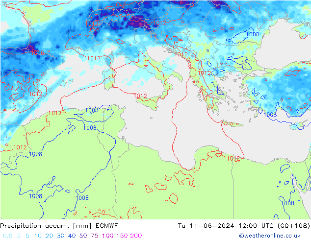 Precipitation accum. ECMWF Út 11.06.2024 12 UTC