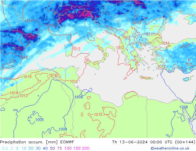 Precipitation accum. ECMWF Čt 13.06.2024 00 UTC