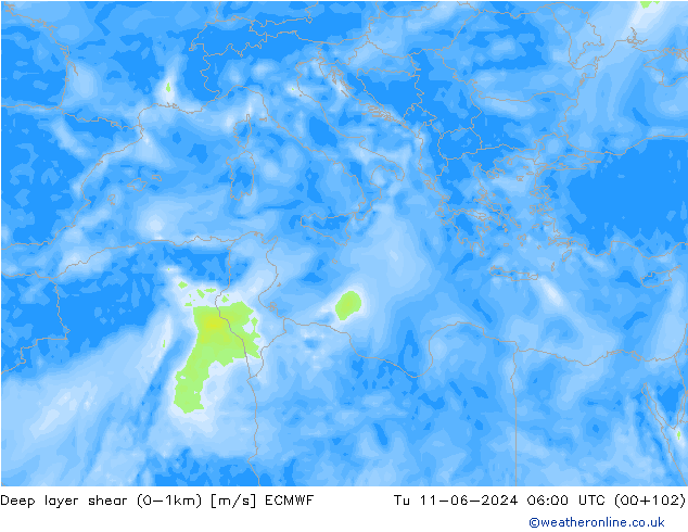 Deep layer shear (0-1km) ECMWF Tu 11.06.2024 06 UTC