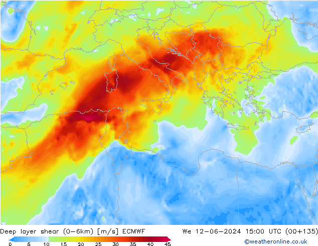 Deep layer shear (0-6km) ECMWF wo 12.06.2024 15 UTC