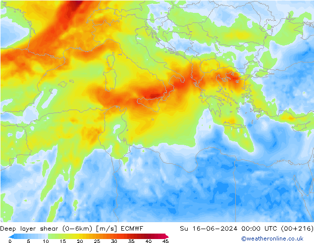 Deep layer shear (0-6km) ECMWF Ne 16.06.2024 00 UTC