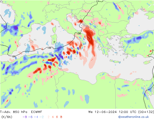 T-Adv. 850 hPa ECMWF Qua 12.06.2024 12 UTC