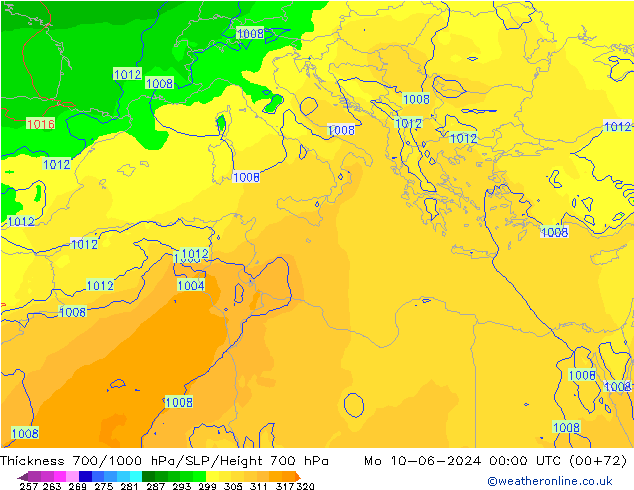 Thck 700-1000 hPa ECMWF pon. 10.06.2024 00 UTC