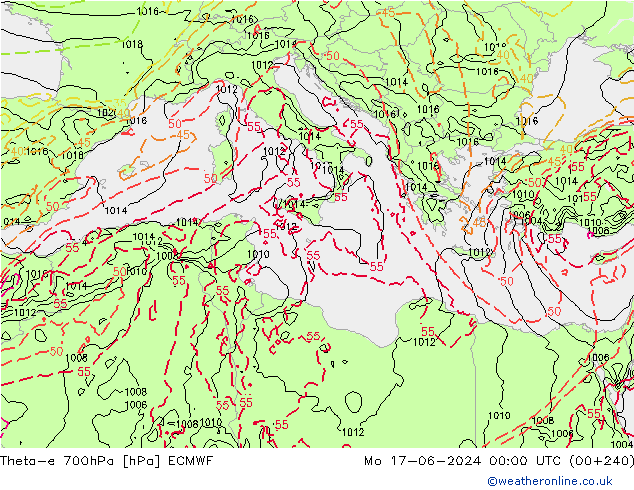 Theta-e 700hPa ECMWF Mo 17.06.2024 00 UTC