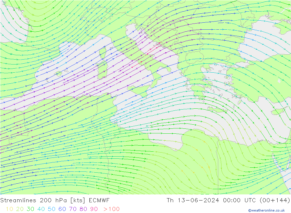 Stroomlijn 200 hPa ECMWF do 13.06.2024 00 UTC