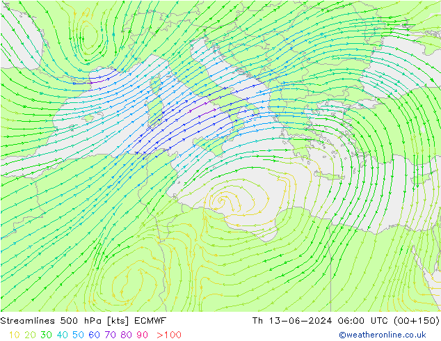 Streamlines 500 hPa ECMWF Th 13.06.2024 06 UTC