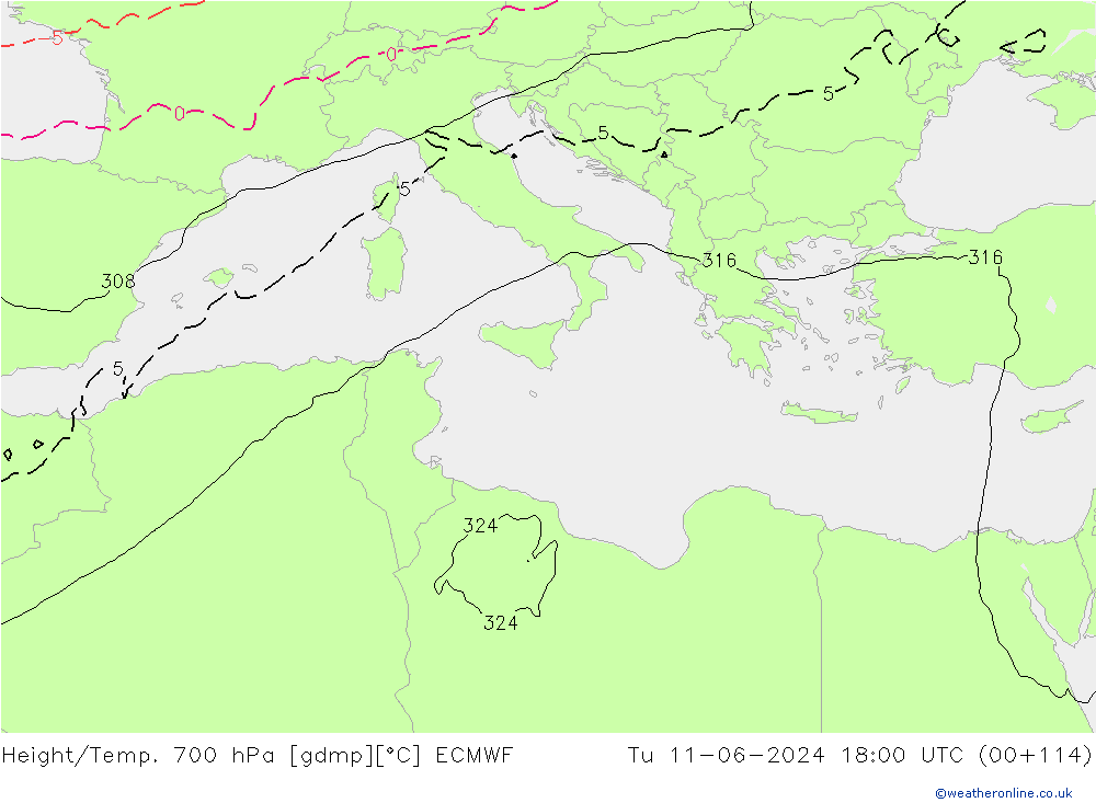 Hoogte/Temp. 700 hPa ECMWF di 11.06.2024 18 UTC