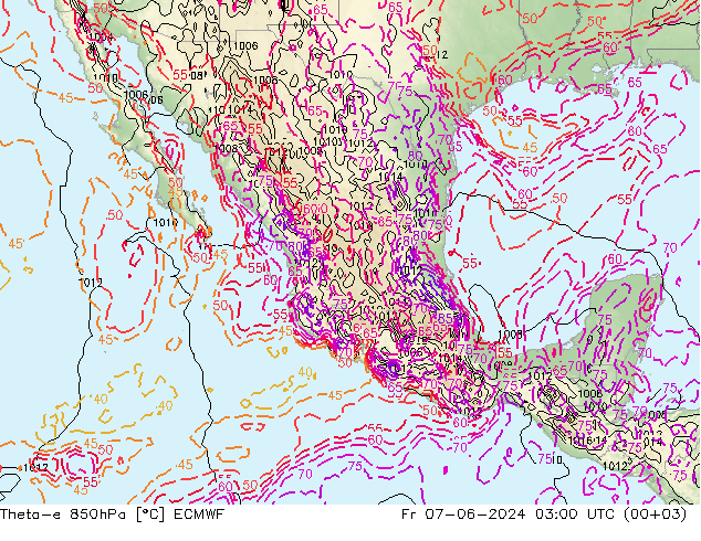 Theta-e 850hPa ECMWF Sex 07.06.2024 03 UTC