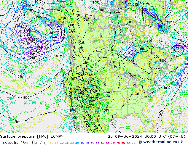 Isotachs (kph) ECMWF Su 09.06.2024 00 UTC