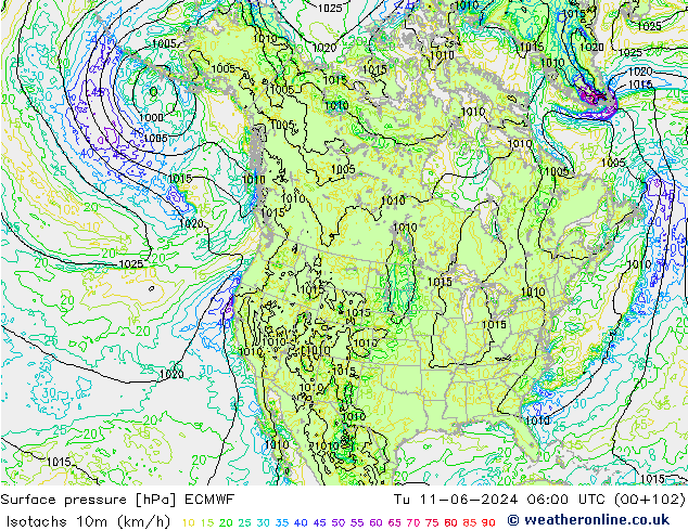 Isotachs (kph) ECMWF Tu 11.06.2024 06 UTC