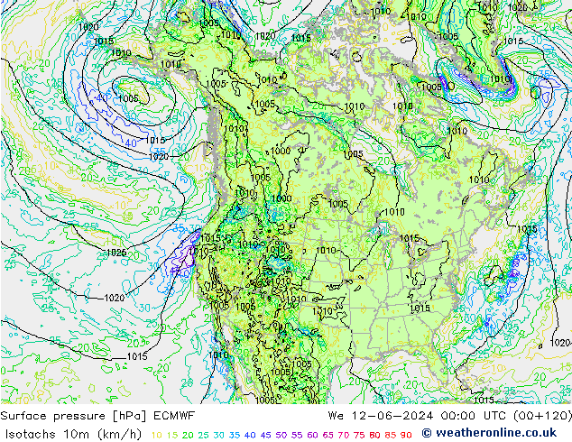 Isotachs (kph) ECMWF We 12.06.2024 00 UTC