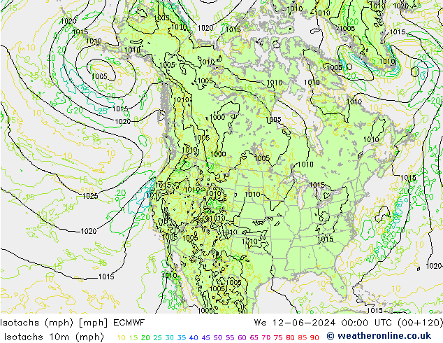 Eşrüzgar Hızları mph ECMWF Çar 12.06.2024 00 UTC