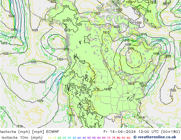 Isotachs (mph) ECMWF ven 14.06.2024 12 UTC