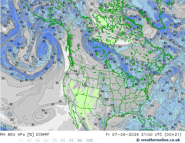 RH 850 гПа ECMWF пт 07.06.2024 21 UTC