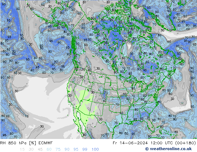 Humidité rel. 850 hPa ECMWF ven 14.06.2024 12 UTC