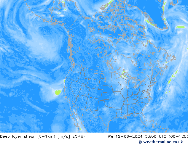 Deep layer shear (0-1km) ECMWF mié 12.06.2024 00 UTC