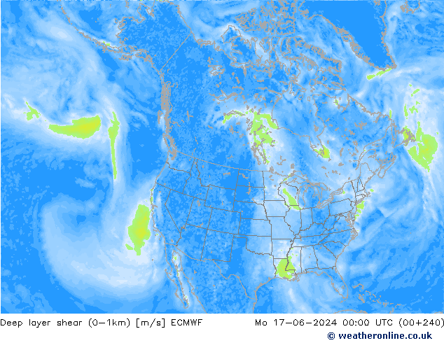 Deep layer shear (0-1km) ECMWF Mo 17.06.2024 00 UTC