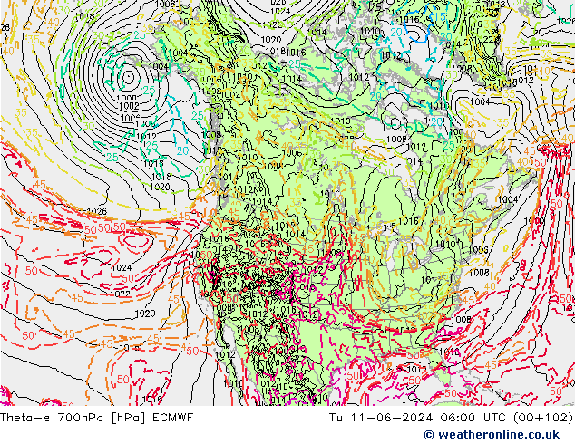 Theta-e 700hPa ECMWF Tu 11.06.2024 06 UTC