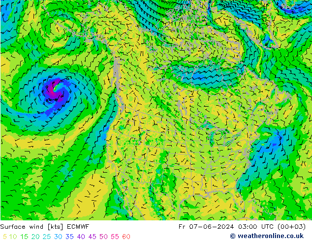 wiatr 10 m ECMWF pt. 07.06.2024 03 UTC