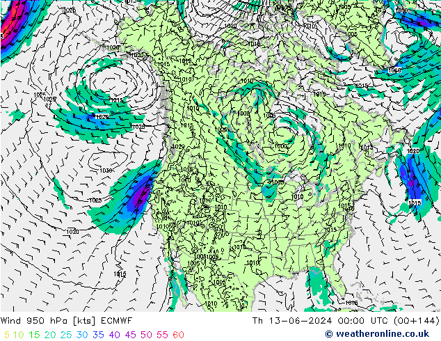 Wind 950 hPa ECMWF Čt 13.06.2024 00 UTC