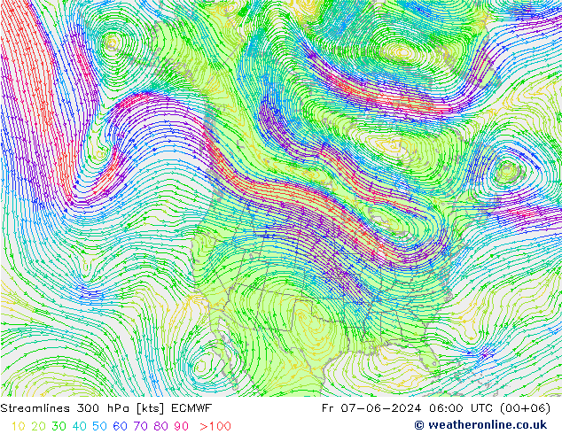 Stroomlijn 300 hPa ECMWF vr 07.06.2024 06 UTC