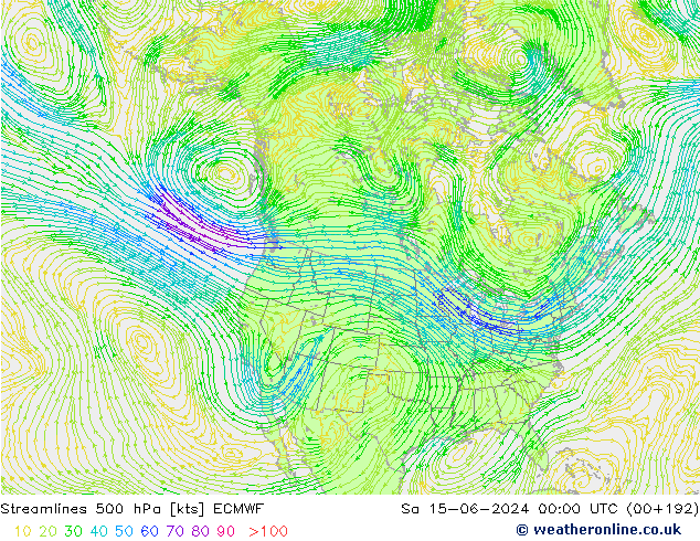 Linia prądu 500 hPa ECMWF so. 15.06.2024 00 UTC