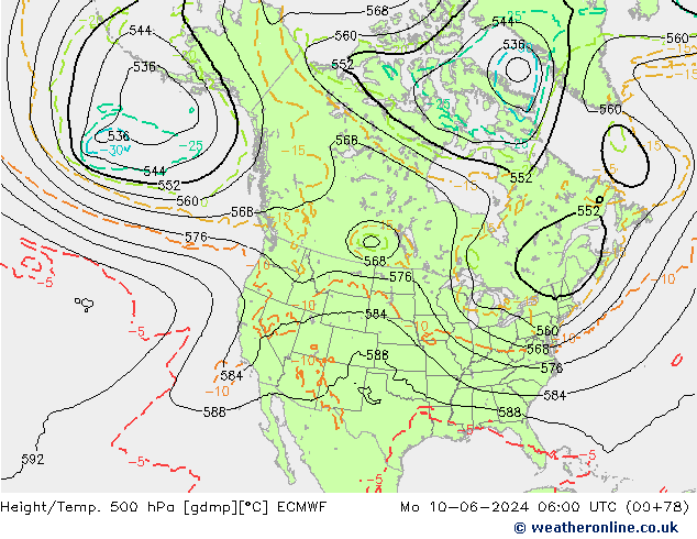 Z500/Rain (+SLP)/Z850 ECMWF Po 10.06.2024 06 UTC