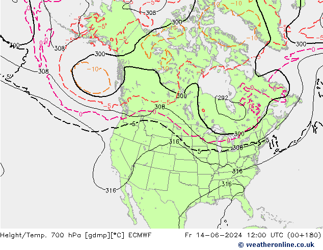 Height/Temp. 700 hPa ECMWF Fr 14.06.2024 12 UTC