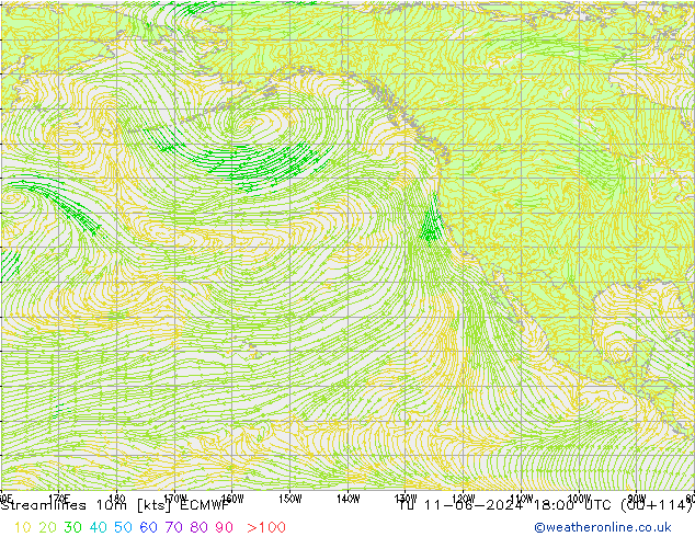 Streamlines 10m ECMWF Tu 11.06.2024 18 UTC