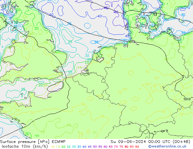 Isotachs (kph) ECMWF dim 09.06.2024 00 UTC